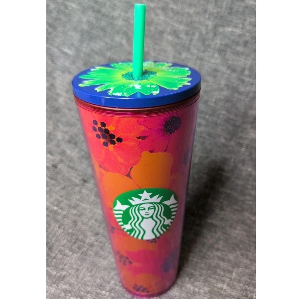 Starbucks Floral Cold Cup Tumbler 24oz Pink Orange Blue Boho Y2K Summer Cup